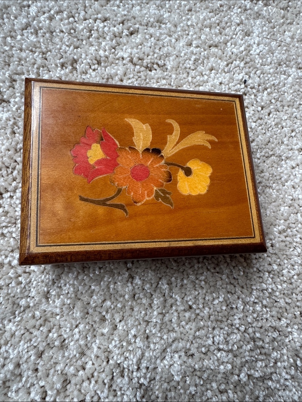 Wooden Floral Inlay Decorative Box - Brown with Red & Yellow Flowers